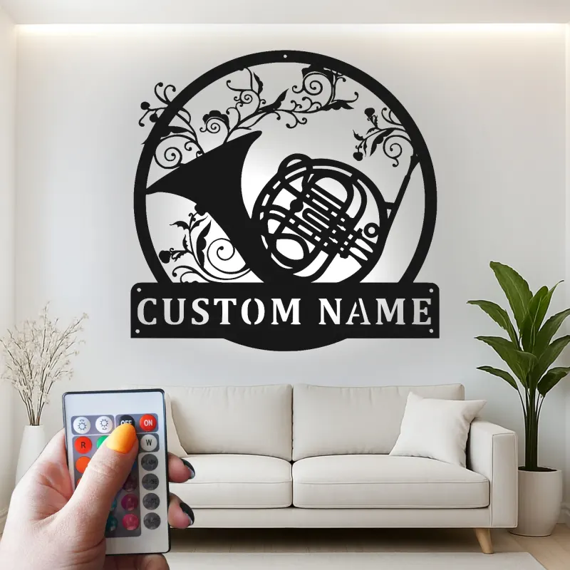 French Horn Metal Wall Art | Personalized LED Sign for Music Room | Custom Musician Name Plaque | Studio Decor Gift