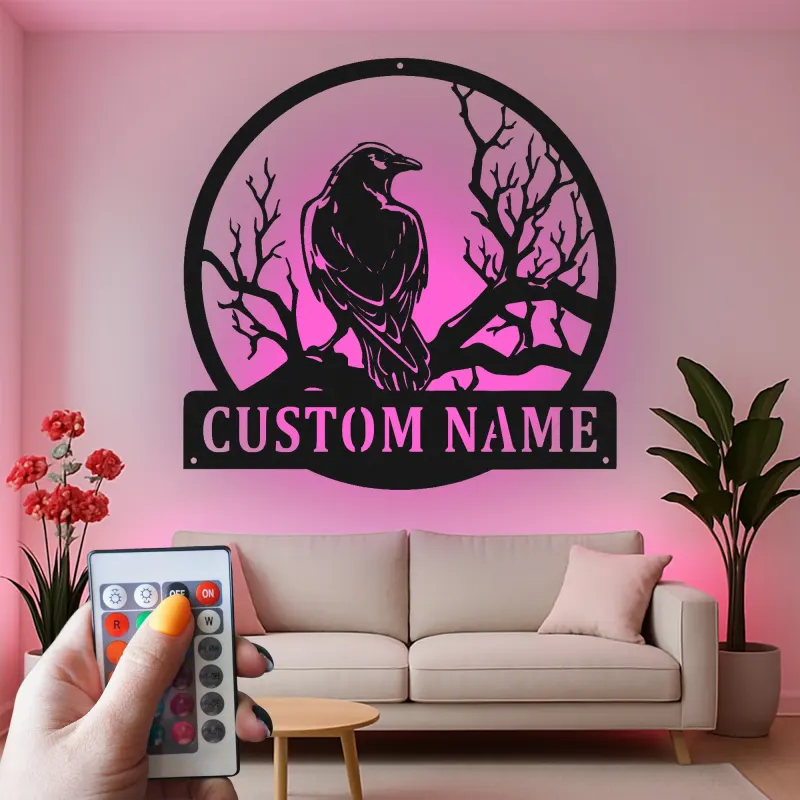 Insegna in metallo Raven | Insegna LED personalizzata per decorazioni gotiche | Regalo per amanti degli uccelli | Decorazione di Halloween per casa e ufficio