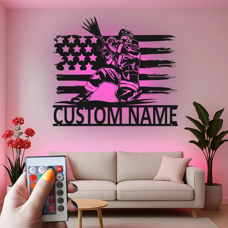 Panneau LED personnalisé pour pompier | Décoration murale en métal personnalisée avec drapeau américain | Cadeau patriotique pour pompier | Décor de caserne