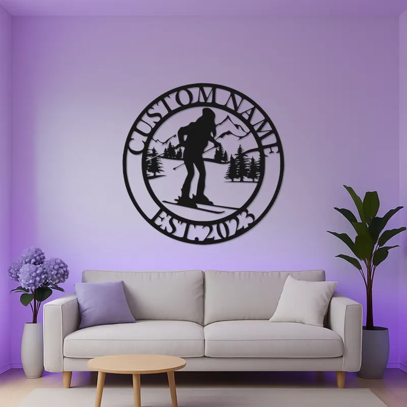 Custom Skier Metal Wall Art | Personalized LED Ski Lodge Sign | Mountain Silhouette Decor | Winter Sports Gift