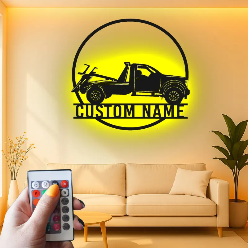 Panneau LED personnalisé pour dépanneuse | Décoration murale en métal pour garage | Cadeau décoratif pour mécanicien ou propriétaire d'entreprise