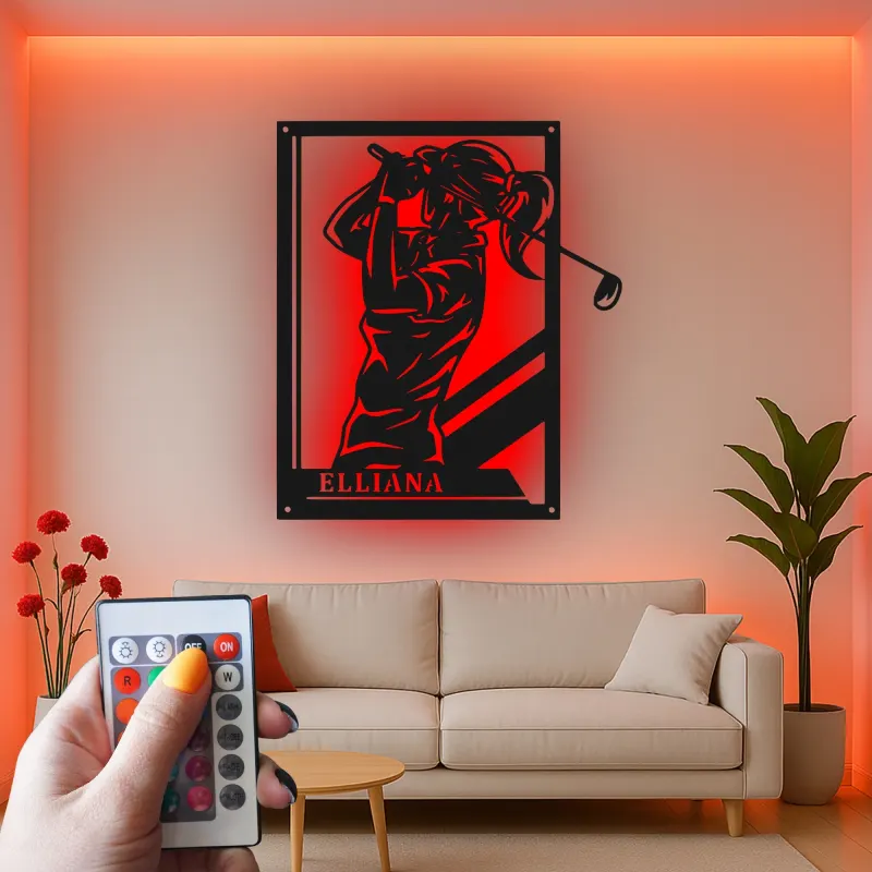 Insegna in metallo personalizzata per golfista femminile con luce LED