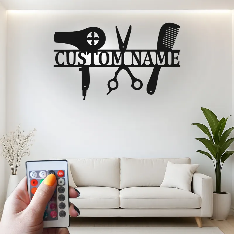 Enseigne LED pour coiffeur | Décor de salon en métal personnalisé avec nom | Cadeau personnalisé pour coiffeur et décoration murale pour studio beauté