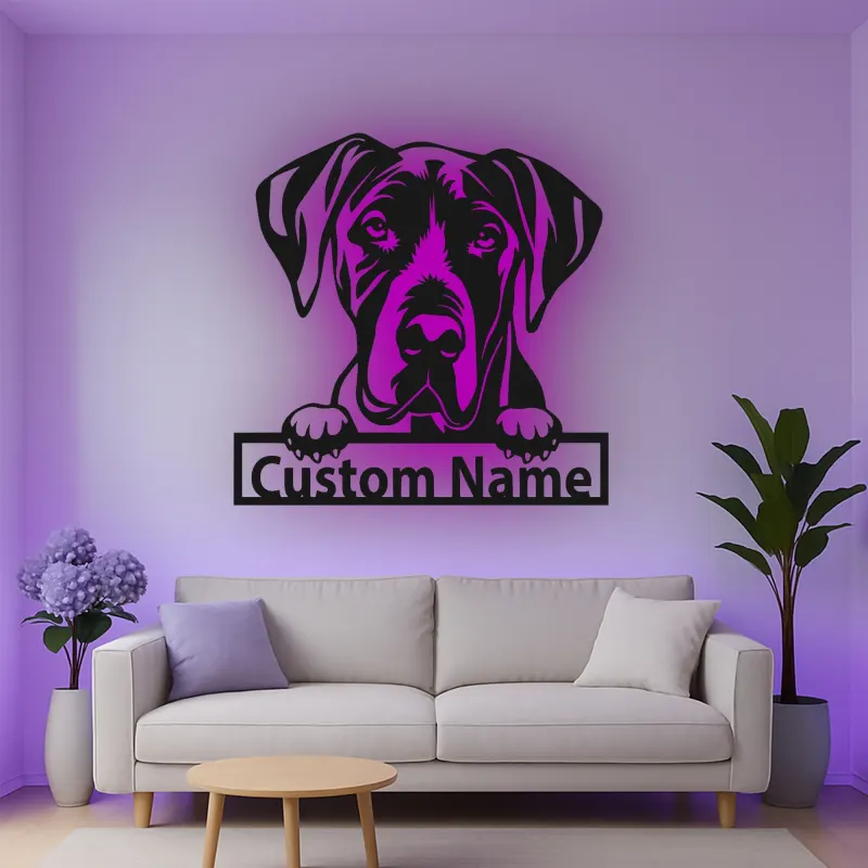 Insegna in metallo LED personalizzata per amanti dei cani con Alano - Regalo per la sala da pranzo