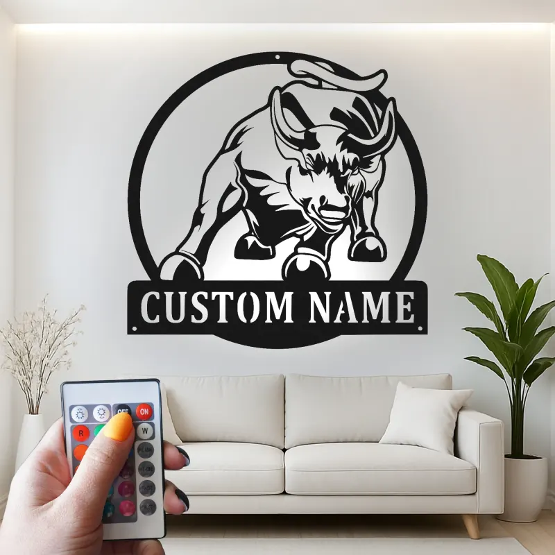 Insegna in metallo personalizzata con luce LED a forma di toro, regalo per allevatori, decorazione rustica per il soggiorno