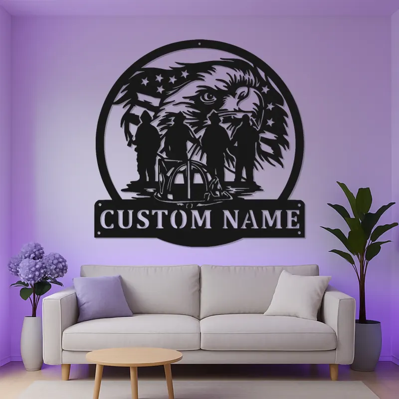 Regalo personalizzato per vigile del fuoco | Decorazione murale LED in metallo con aquila | Insegna con nome su misura per casa e ufficio