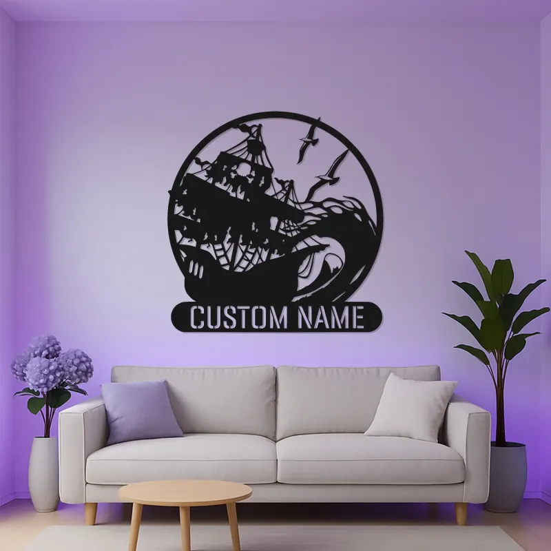 Décoration Murale en Métal de Navire Pirate | Plaque de Nom LED Personnalisée | Décor Nautique Vague Océan pour Bar à Domicile