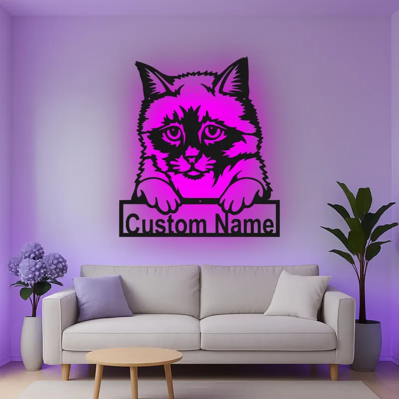 Personalisierte LED-Metall-Wandkunst mit Katze – Geschenk für Tiereltern, Deko fürs Wohnzimmer