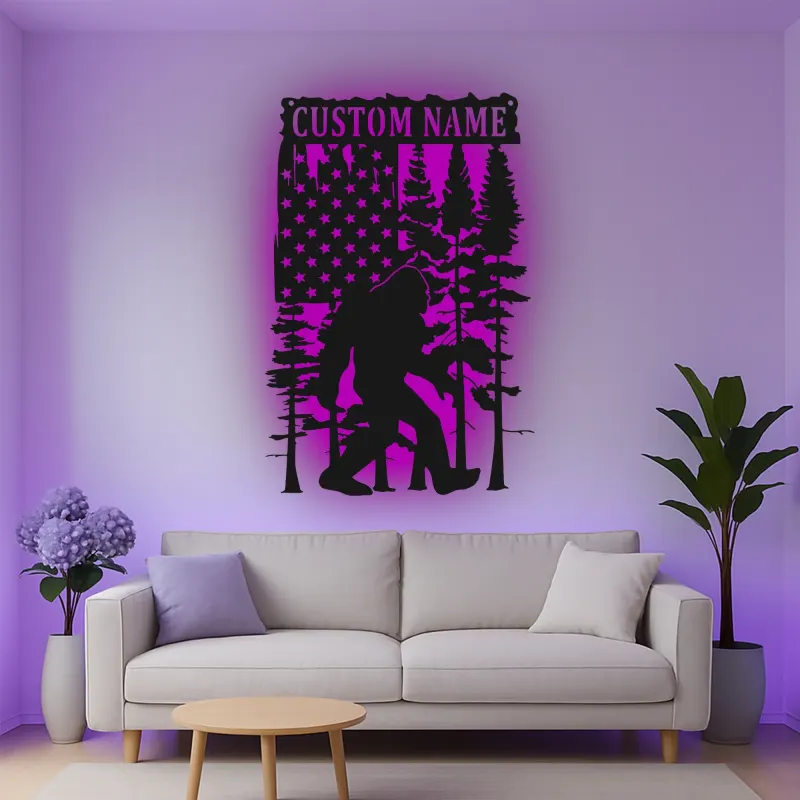 Custom Bigfoot American Flag Led Light Metal Wall Art Unique Gift for Outdoor Enthusiasts Rustic Cabin Decor