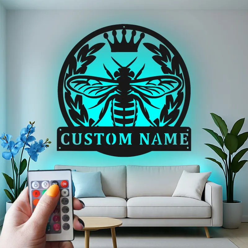Personalisierte Biene mit Krone LED Licht Metall-Wandkunst Geschenk für Naturliebhaber Garten oder Patio Dekor