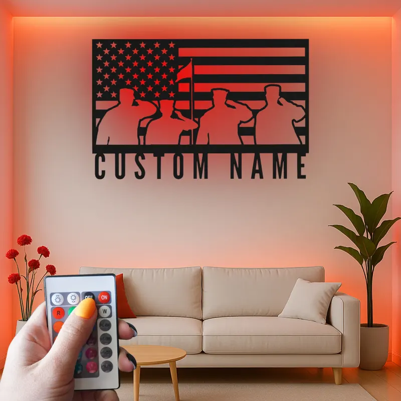 Patriotic American Flag Metal Sign | Custom Veteran Name Wall Art | LED Backlit Military Silhouette Decor