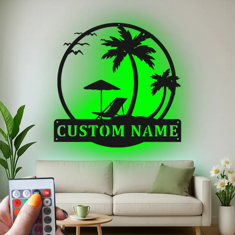 Custom Beach Scene Led Light Metal Wall Art Personalized Tropical Gift for Couples Bedroom or Patio Decor