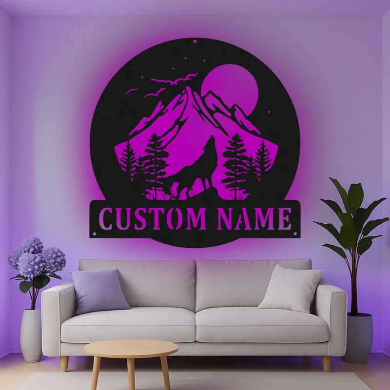 Personalisierte Wolf-Bergszene LED-Licht Metall-Wandkunst Geschenk für Naturliebhaber Rustikale Cabin-Dekoration 3