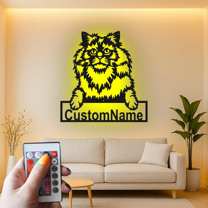 Cartel de metal LED de gato persa personalizado, regalo para amantes de mascotas, decoración para sala de estar