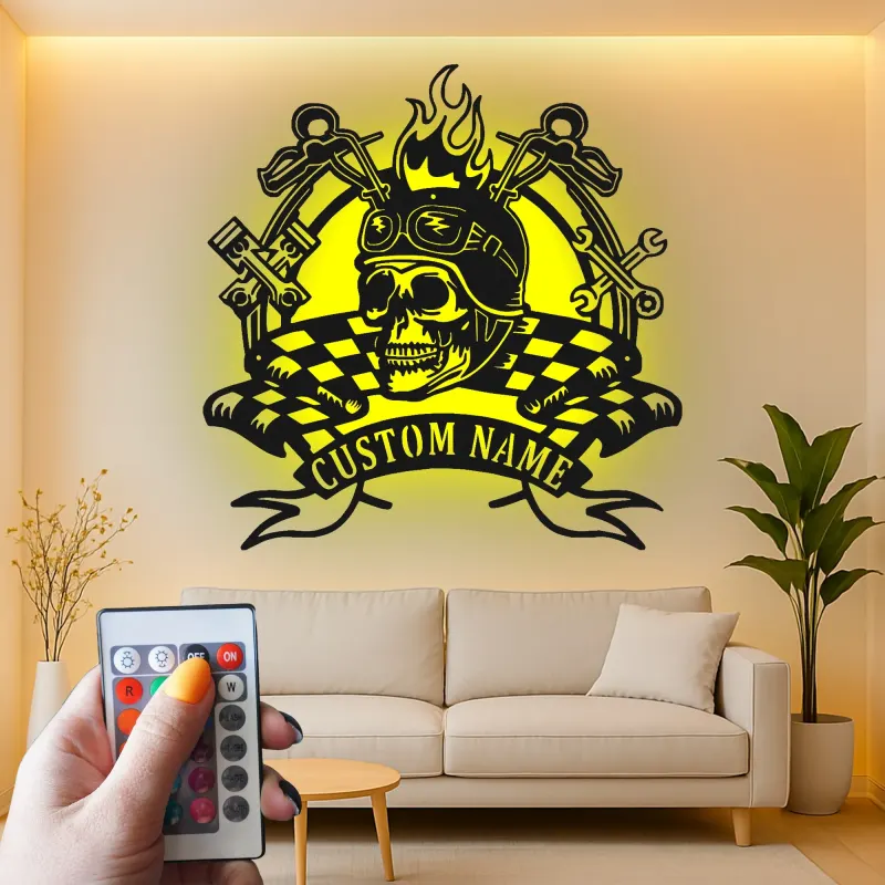 Custom Biker Skull LED Metal Sign | Personalized Motorcycle Wall Art | Garage & Man Cave Decor with Remote