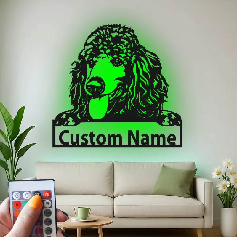 Panneau personnalisé pour Caniche Standard | Décoration murale en métal LED personnalisée | Cadeau pour amoureux des chiens et décor de portrait d'animal de compagnie