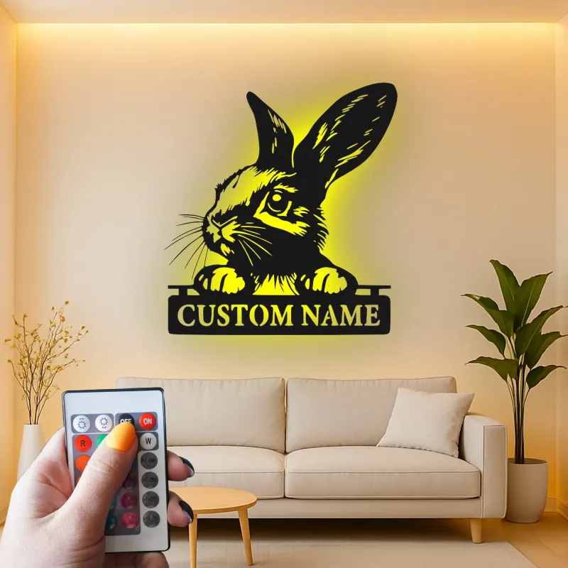 Custom Rabbit Metal Sign | Personalized Bunny LED Light for Nursery | Animal Lover Name Plaque | Kids Room Wall Art