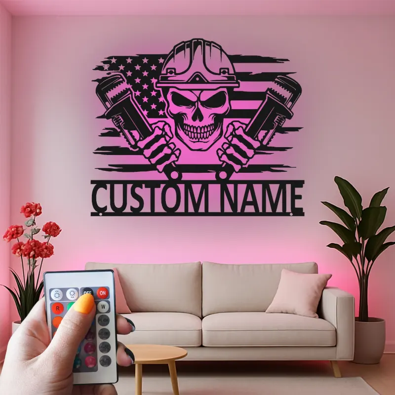 Custom Plumber Skull Metal Sign | LED Light Wall Art with American Flag | Personalized Gift for Plumbers, Workshop, or Garage Decor
