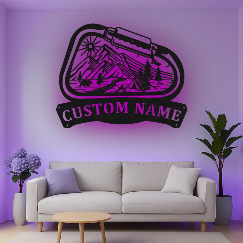 Cartel de metal LED personalizado de camping en montaña regalo para entusiastas del aire libre decoración de cabaña o campamento