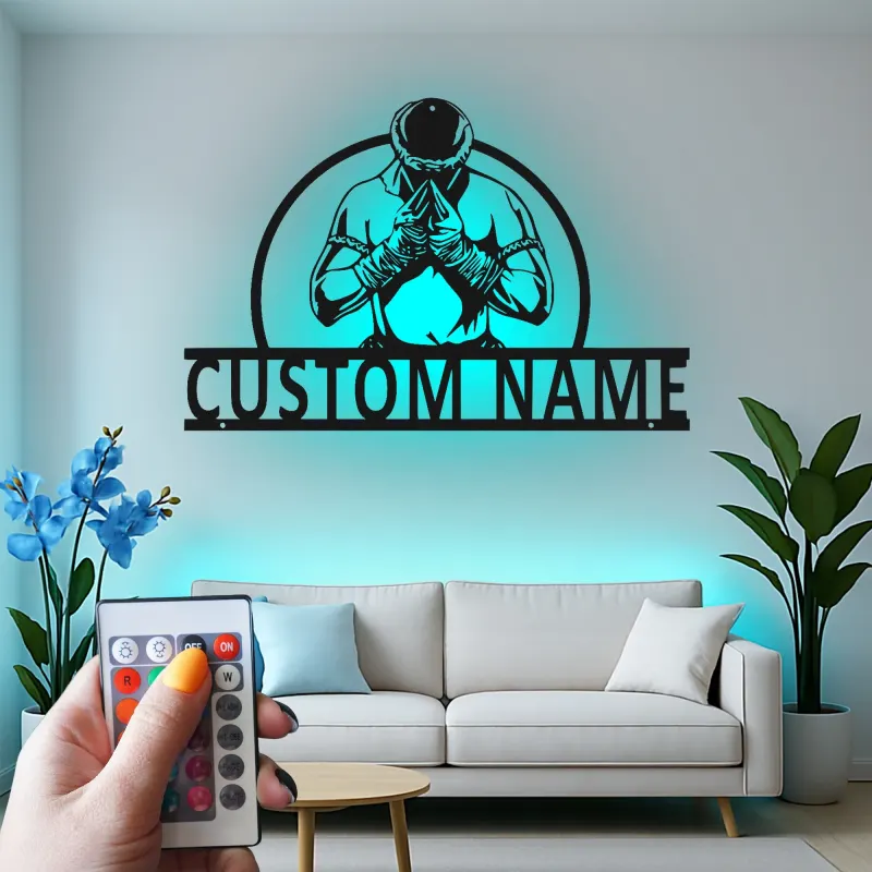 Décoration murale en métal personnalisée avec éclairage LED de combattant Muay Thai - Cadeau pour artistes martiaux, décoration de gym ou de maison