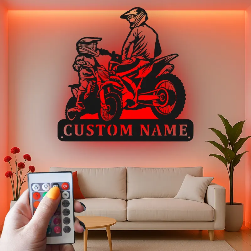 Custom Motocross Riders Led Light Metal Wall Art Personalized Gift for Dirt Bike Enthusiasts Man Cave Decor