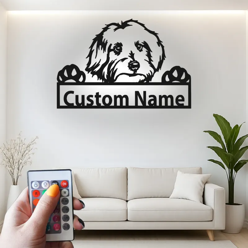 Cartel de metal personalizado con silueta de perro y luz LED, regalo para amantes de mascotas, decoración para salón