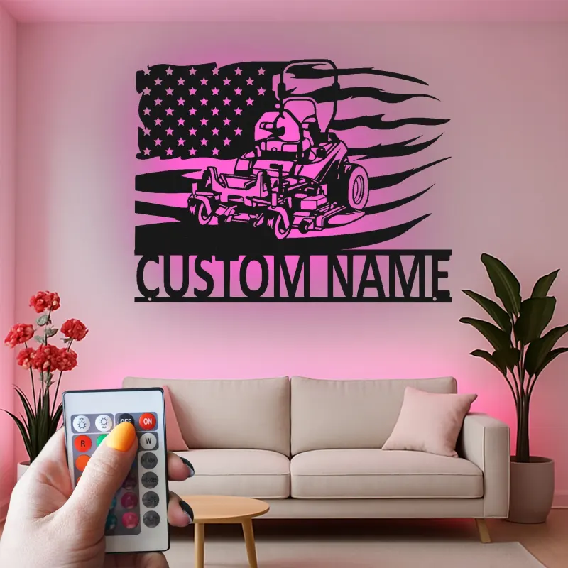 Cartel de Metal de Cortacésped | Decoración LED Personalizada para Paisajistas | Decoración de Bandera Americana con Nombre Personalizado | Regalo para Garaje y Jardín