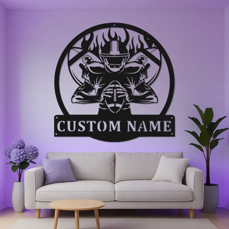 Cartel LED personalizado de jugador de fútbol americano | Arte mural de metal personalizado | Decoración deportiva para habitación juvenil, cueva masculina o regalo para entrenador