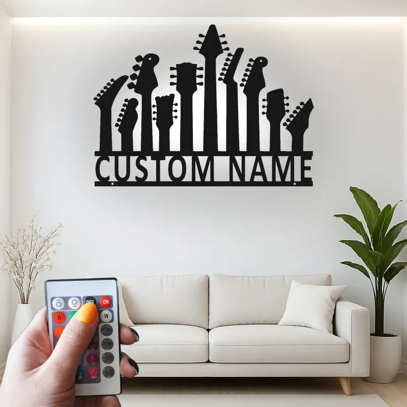 Insegna LED personalizzata a forma di chitarra | Decorazione murale in metallo su misura per studio musicale | Arredo con nome del musicista | Regalo per chitarristi