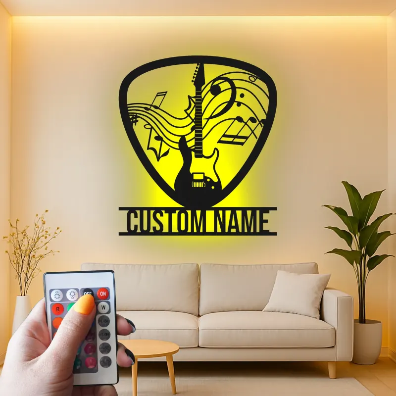 Cartel de metal personalizado de guitarra con LED | Regalo a medida para amantes de la música | Decoración mural para estudio y sala de grupo