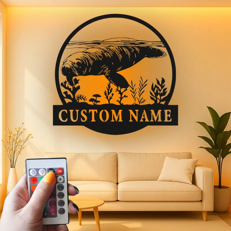 Individuelle Manatee Metall-Wandkunst | Personalisierte LED-Ozeanschild für Küstendekor | Nautisches Geschenk für das Meeresleben