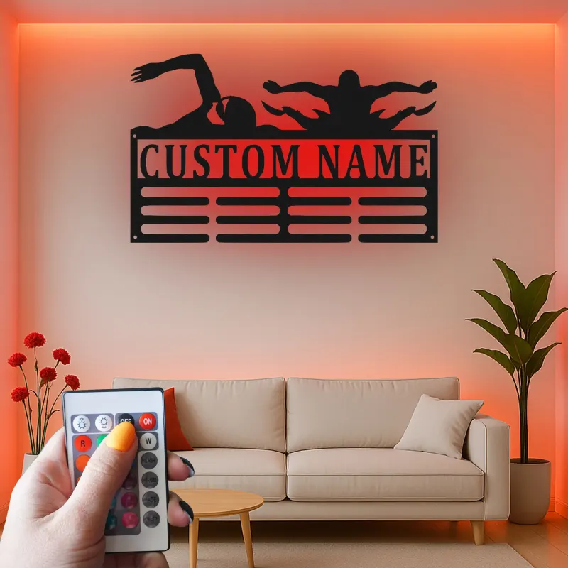 Décoration murale en métal personnalisée Nageur avec Rétroéclairage Cadeau pour Athlètes Décoration de Salle de Sport