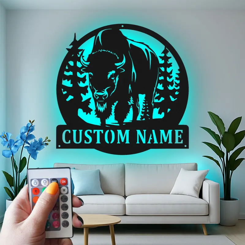 Décoration murale en métal LED personnalisée Bison Cadeau faunique pour les amoureux de la nature Décor de chalet rustique