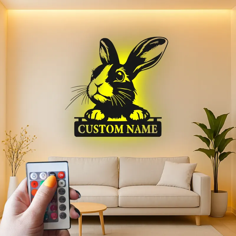 Insegna LED personalizzata con coniglio | Arte in metallo con coniglio Dutch | Targa personalizzata per nome animale e arredo cameretta