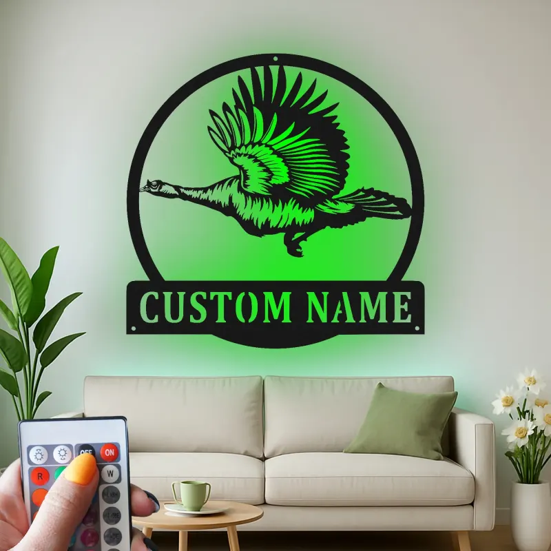 Insegna personalizzata con oca selvatica | Decorazione murale in metallo LED | Decorazione personalizzata per la caccia agli uccelli, regalo per baita e lodge