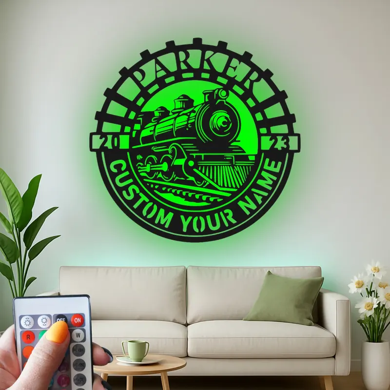 Personalisierte LED-Beleuchtung Metall-Wandkunst mit Zuglok – Geschenk für Zugliebhaber, Dekoration für das Kinderzimmer