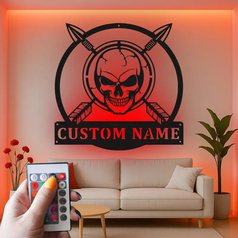Panneau LED Crâne Chasseur Personnalisé | Décoration murale en métal pour chalet & homme cave | Cadeau chasseur avec flèches croisées