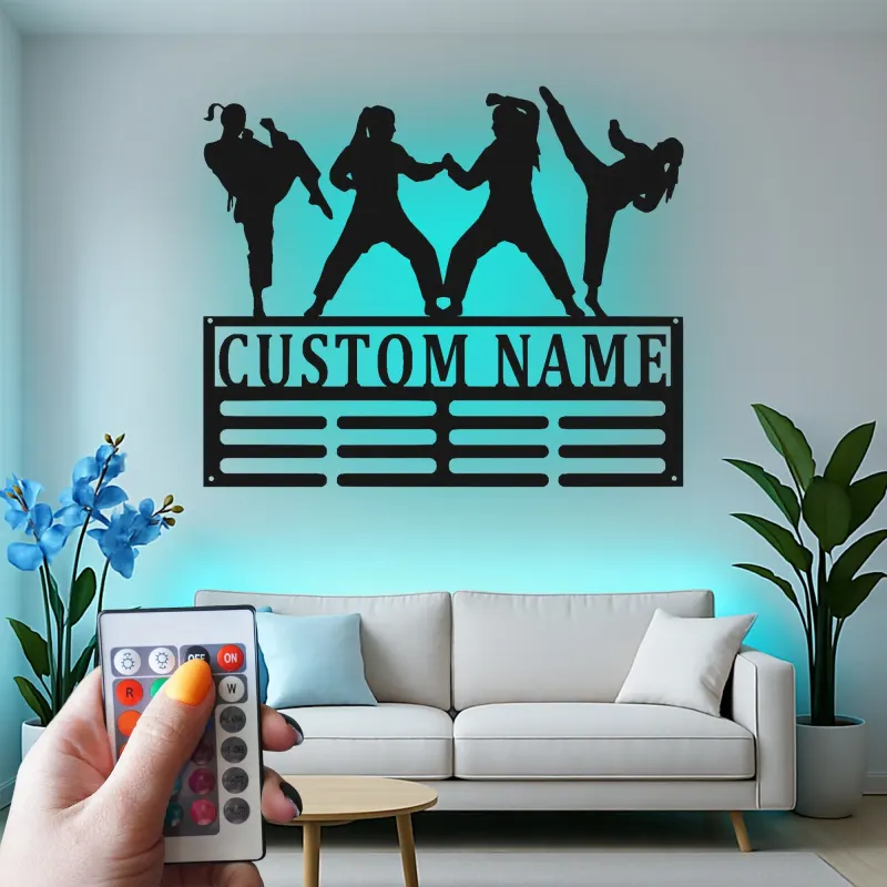 Décoration murale en métal personnalisée pour arts martiaux avec rétroéclairage LED - Cadeau pour passionnés de karaté - Décor de dojo ou de gym