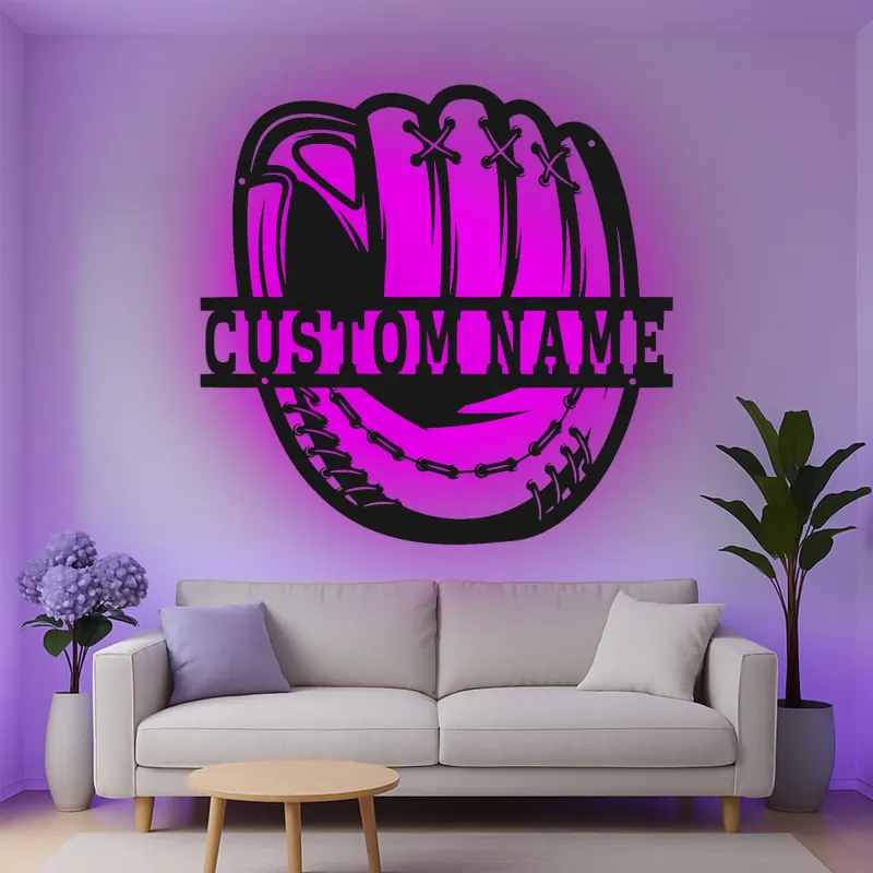 Insegna in metallo personalizzata con luce LED per guanto da baseball - Regalo personalizzato per appassionati di baseball e decorazione per stanze sportive