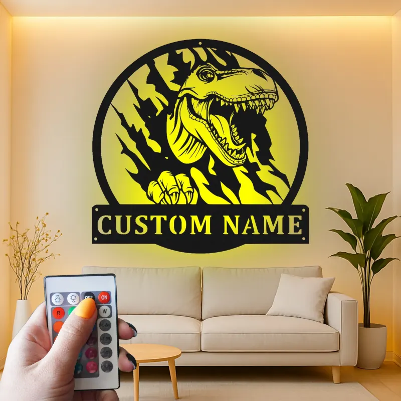 Cartel de metal personalizado de luz LED de dinosaurio T-Rex regalo personalizado para la habitación o sala de juegos de los niños