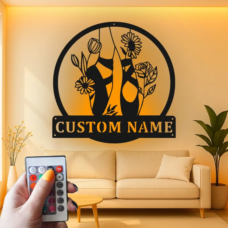 Décoration murale en métal personnalisée Chaussures de ballet avec fleurs et rétroéclairage LED Cadeau pour danseurs Décor de studio