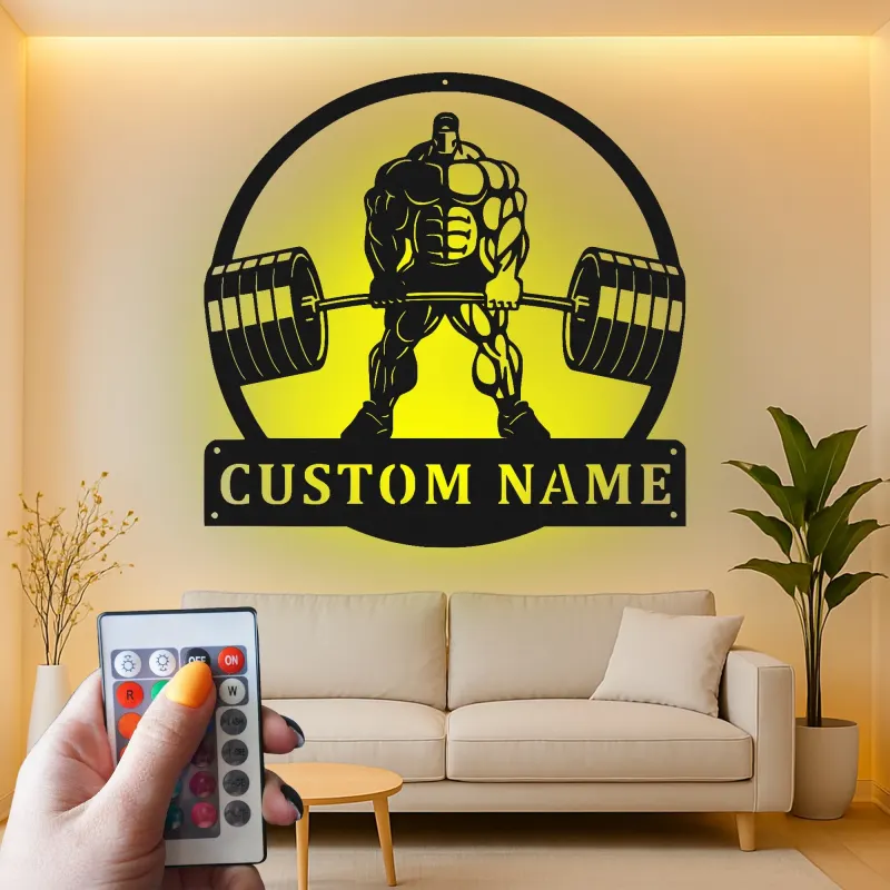 Insegna in metallo personalizzata con luce LED Bodybuilder Weightlifting regalo per appassionati di palestra decorazione per palestra