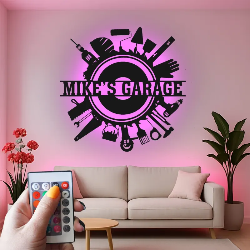 Enseigne LED personnalisée pour garage | Décoration murale en métal personnalisée avec outils | Déco atelier et man cave | Cadeau pour bricoleur