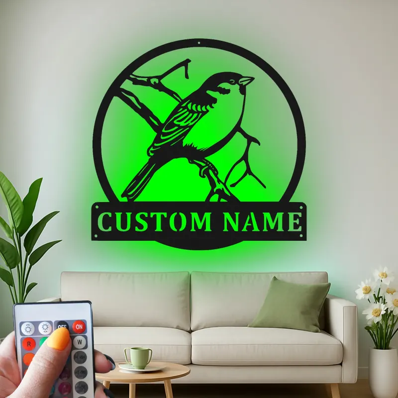 Custom Bird on Branch Led Light Metal Wall Art Personalized Gift for Nature Lovers Living Room or Garden Decor