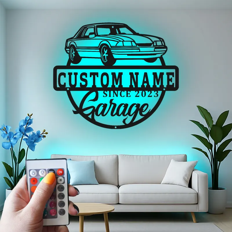Insegna in metallo LED personalizzata per garage con auto - Regalo per appassionati di auto - Decorazione per pareti del garage 1