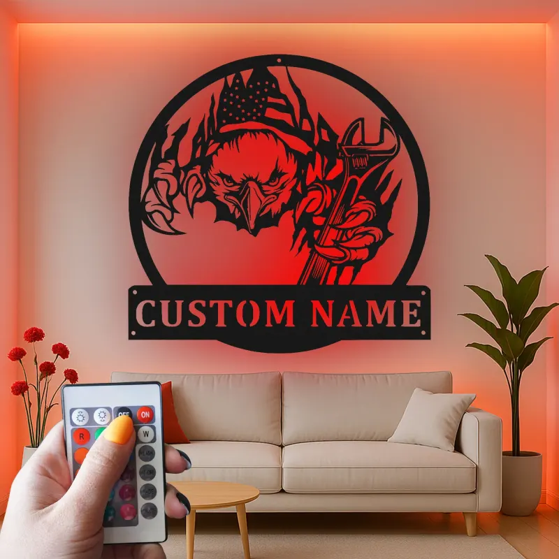 Custom Eagle with Wrench Led Light Metal Wall Art Patriotic Gift for Mechanics Garage Decor