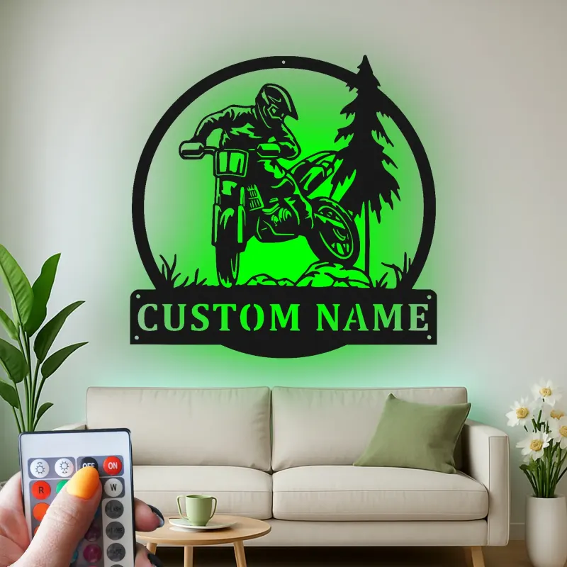 Décoration murale en métal personnalisée pour motocross avec rétroéclairage LED - Cadeau pour lui, décoration de garage ou de man cave 1