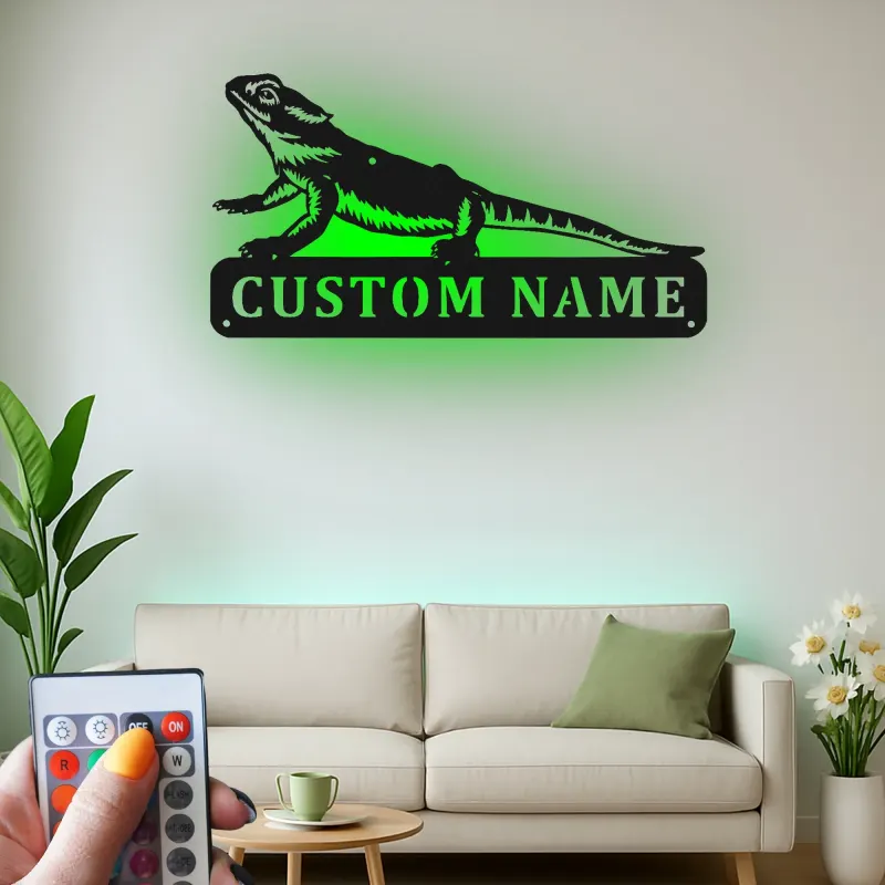 Personalisierte Metalltafel für Bartagame | LED-beleuchtete Reptil-Wandkunst | Individuelles Haustier-Schild | Einzigartiges Geschenk für Echsenliebhaber