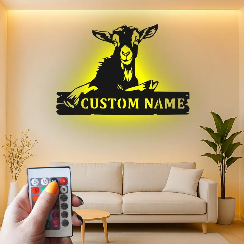 Cartel de cabra personalizado con LED | Arte mural de metal farmhouse personalizado | Decoración rústica de granero para amantes de las cabras