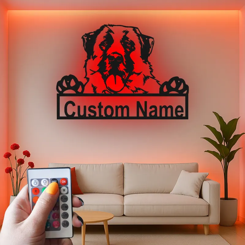 Décoration murale en métal LED personnalisée Saint Bernard - Cadeau pour amoureux des chiens, décoration pour salon
